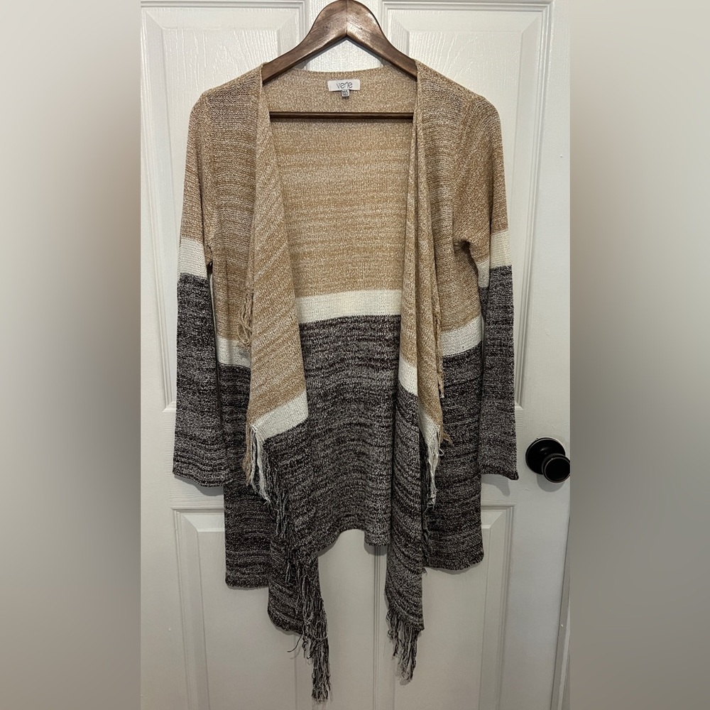 VERTE Women's Beige & Gray Knit Fringe Cascade Open Front Sweater Size M/L